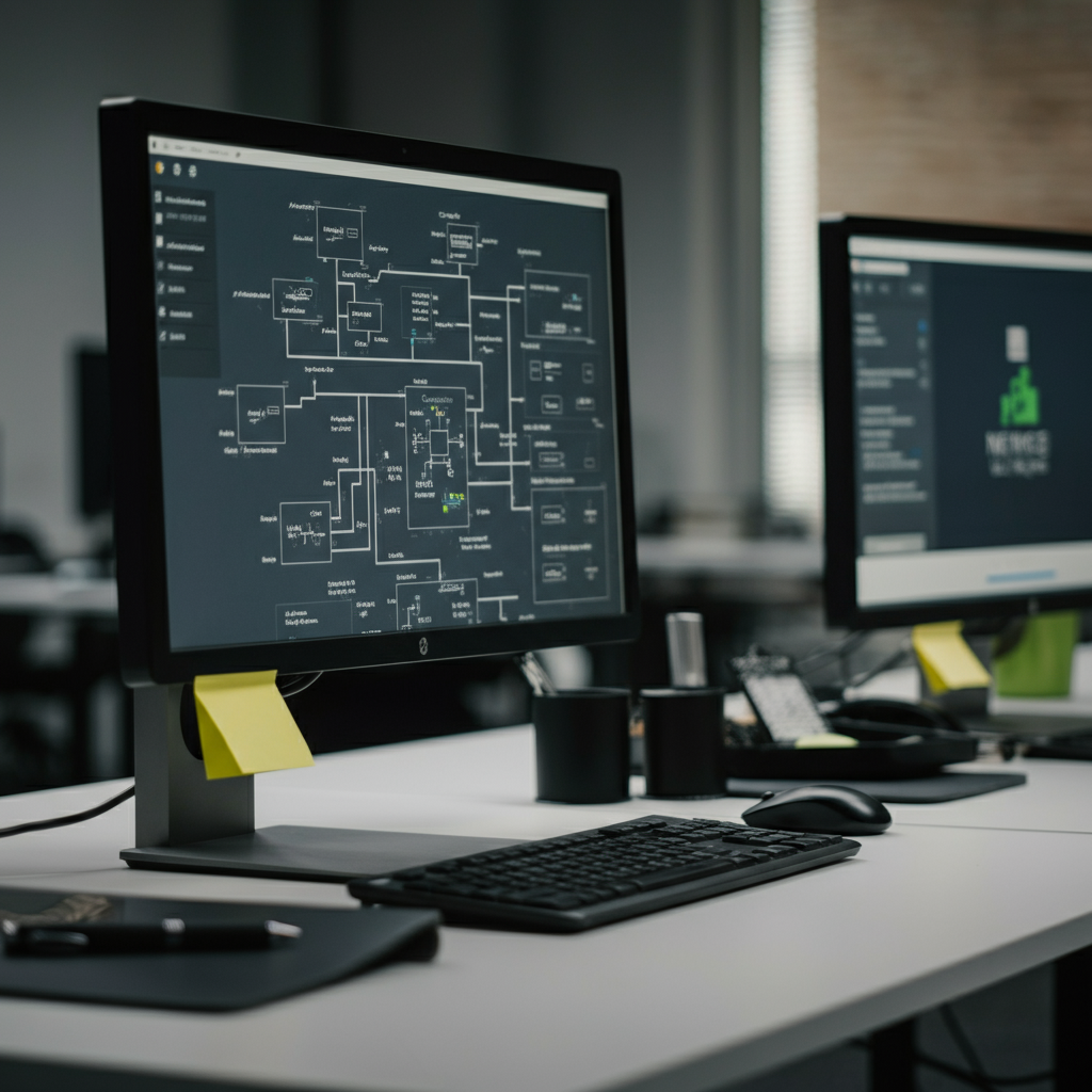 Workflow automation diagrams and Google Antigravity interface displayed on monitors in a bright, organised UK office, illustrating cost breakdown and integration.