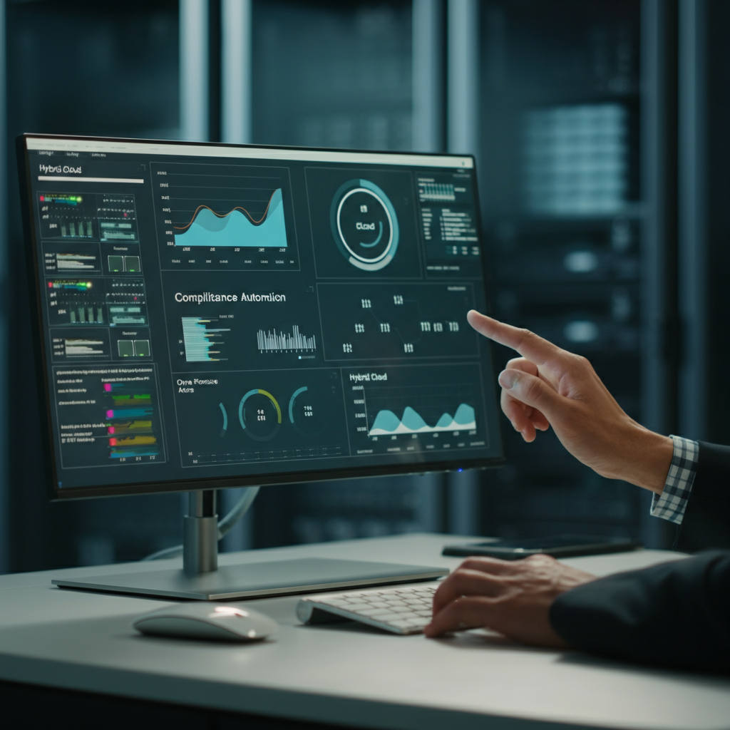 Hands gesturing at compliance automation dashboards on a workstation in a UK office, highlighting hybrid IT compliance concepts.