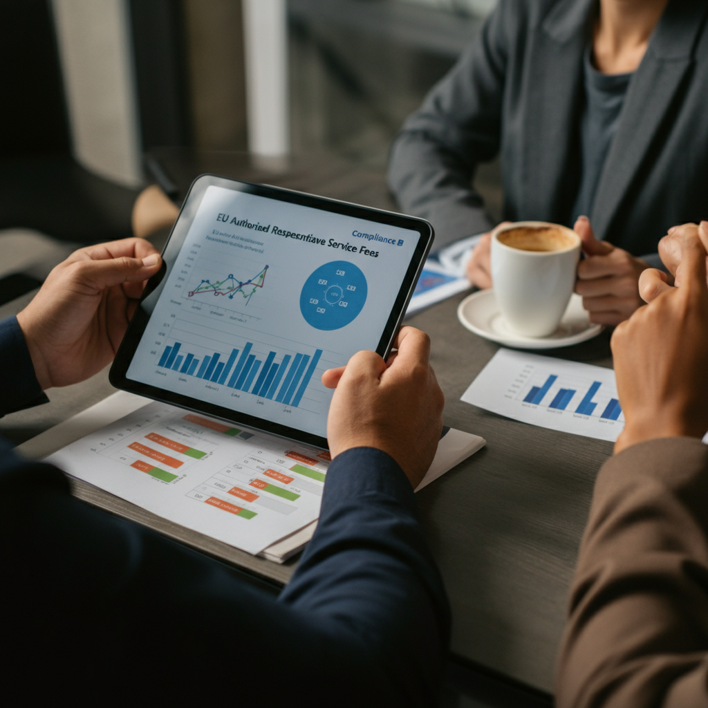Hands pointing at a printed comparison chart of EU Authorised Representative service fees, with a tablet showing a compliance dashboard on a conference table.