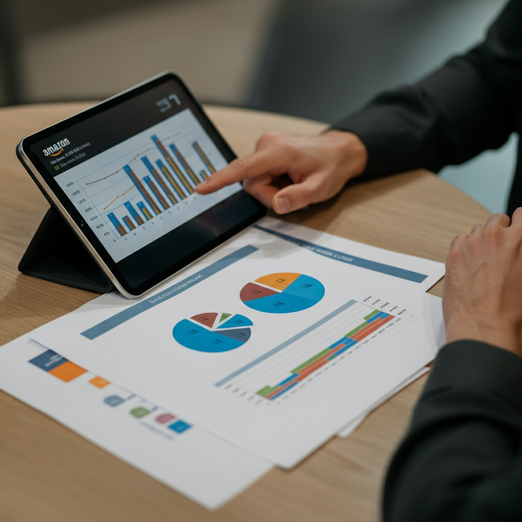 Illustration of Amazon Seller Outreach: Hands point at printed Amazon sales reports and a tablet with analytics, showing strategies to identify high-revenue sellers.