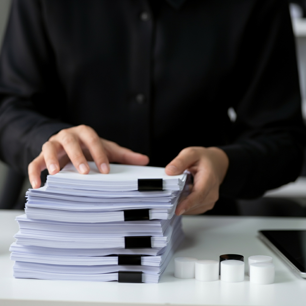 Hands organizing cosmetic compliance paperwork and product samples for Cosmetic Responsible Person EU Requirements in a professional office setting.