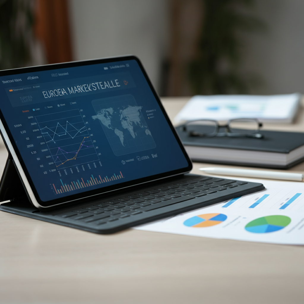 Business analyst reviewing French and German Amazon seller analytics on a digital tablet and printed reports to support EU marketplace expansion.