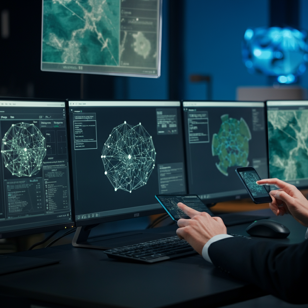 Hands using secure authentication devices at a British office desk, with network segmentation and digital security dashboards illustrating zero trust principles.