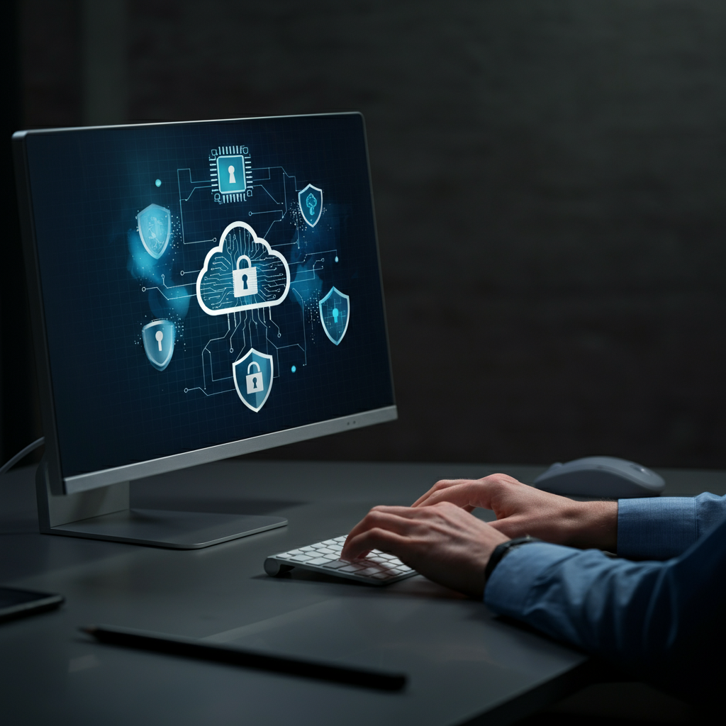Hands using a secure login on a laptop with cloud and AI defence icons, highlighting Top Cybersecurity Trends to Watch in 2024 in a UK business setting.