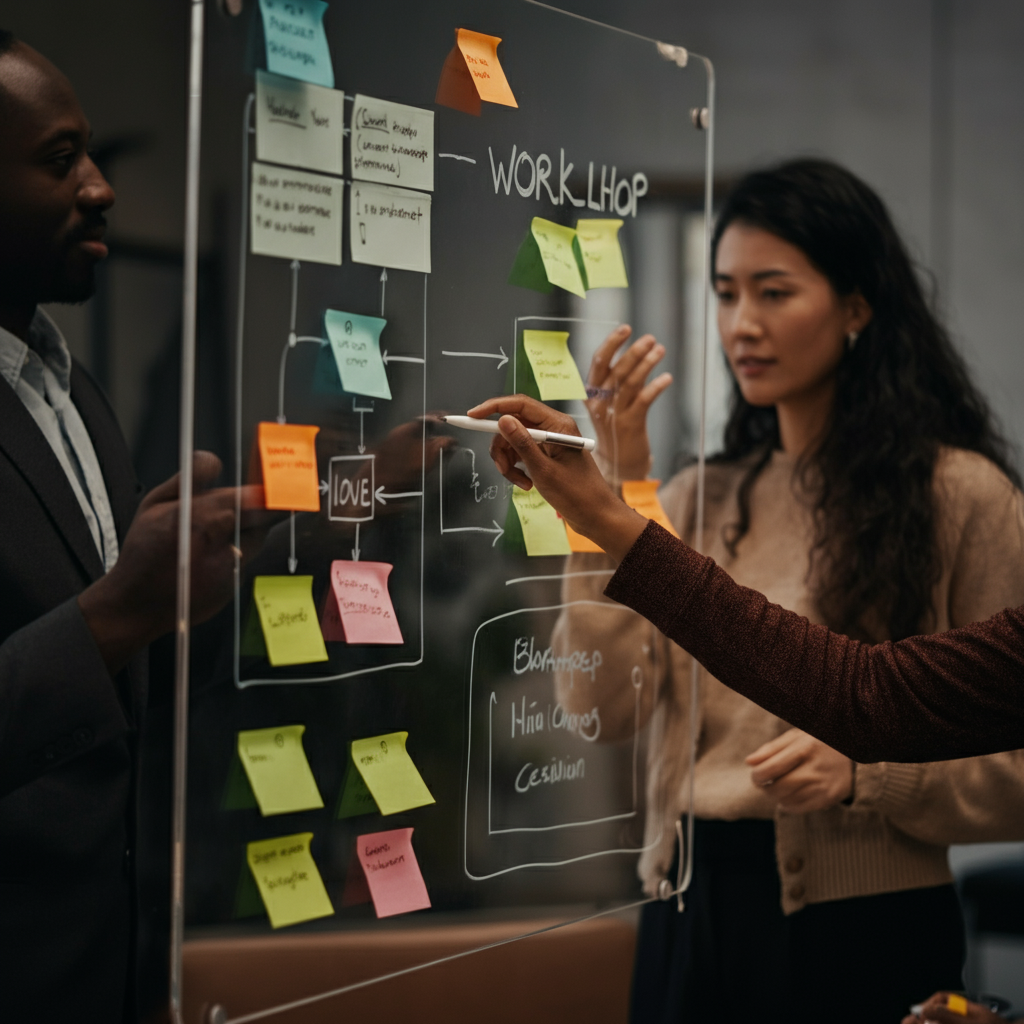 Team in a UK office collaborating on continuous improvement by discussing ideas and workflow diagrams, illustrating Building a Culture of Continuous Improvement.