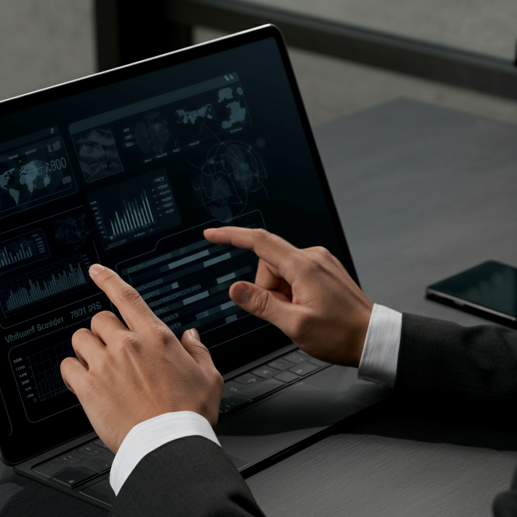 Hands of IT professionals collaborating on a large touchscreen, visualizing how digital transformation is reshaping IT roles in a modern office.