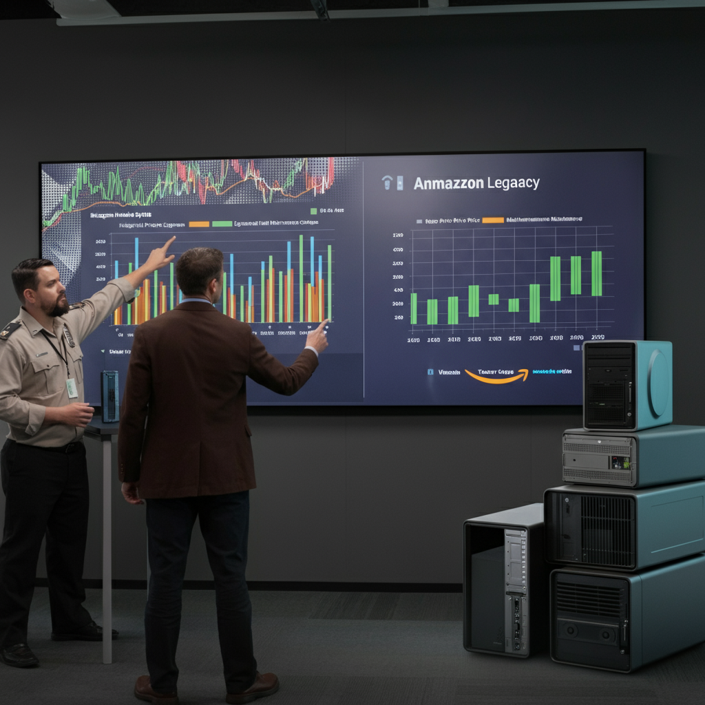 Two professionals reviewing a wall display with Amazon historical price trends and legacy system cost charts, highlighting upgrade needs.