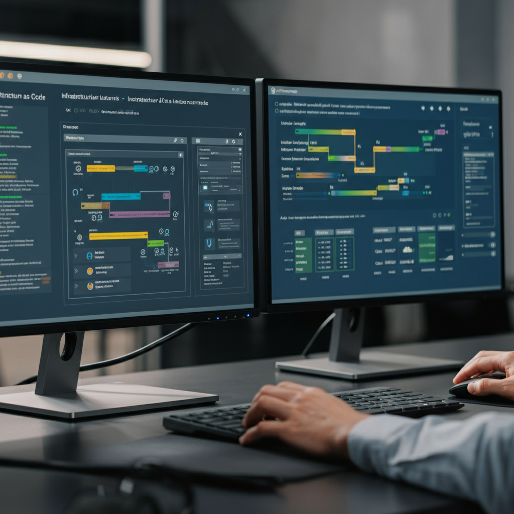 Hands interact with keyboard and mouse in front of dual monitors showing Infrastructure as Code automation, illustrating key IaC concepts in action.