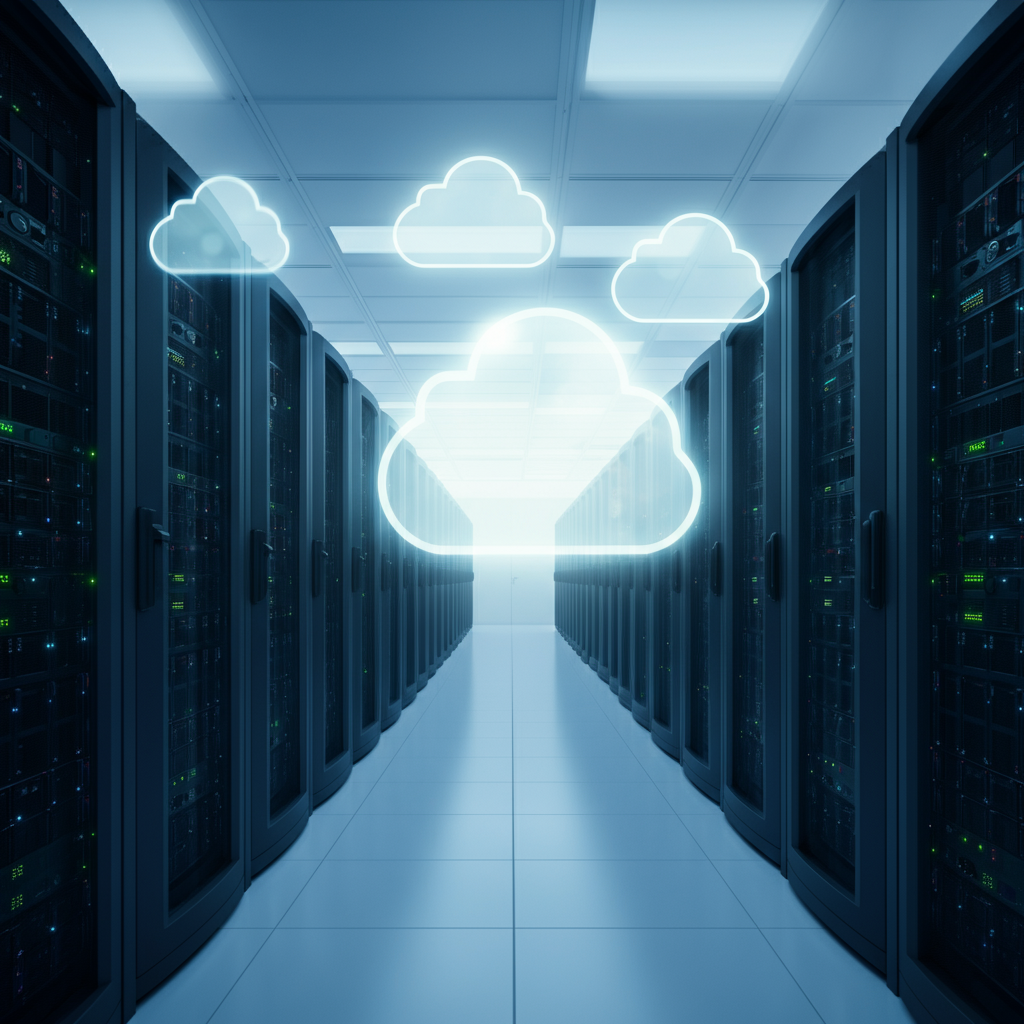 Modern UK data centre with server racks and digital cloud icons, illustrating a key concept in Top Reasons to Migrate from On-Prem to Cloud.