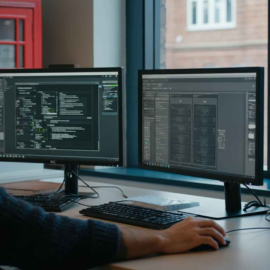 Engineers' hands working at UK tech workstations with Kubernetes pod and cluster dashboards visible on screens, illustrating key concepts from A Beginner's Guide to Kubernetes-interactive.