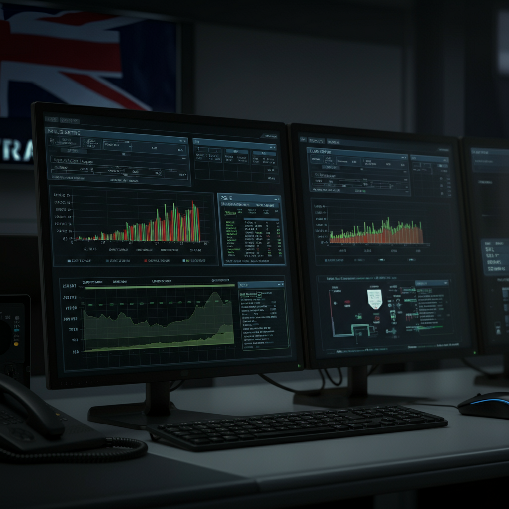 A UK server room with digital displays showing Key Metrics Every SRE Should Monitor, such as uptime and error rates, in a modern monitoring environment.