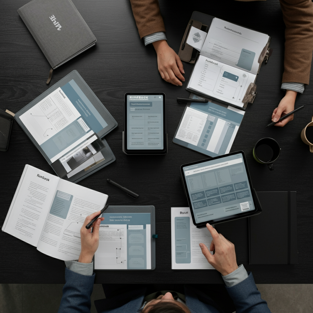 Key concept of How to Create an Effective Runbook-interactive illustrated by a workspace with hands organising runbook templates and digital workflow tools.