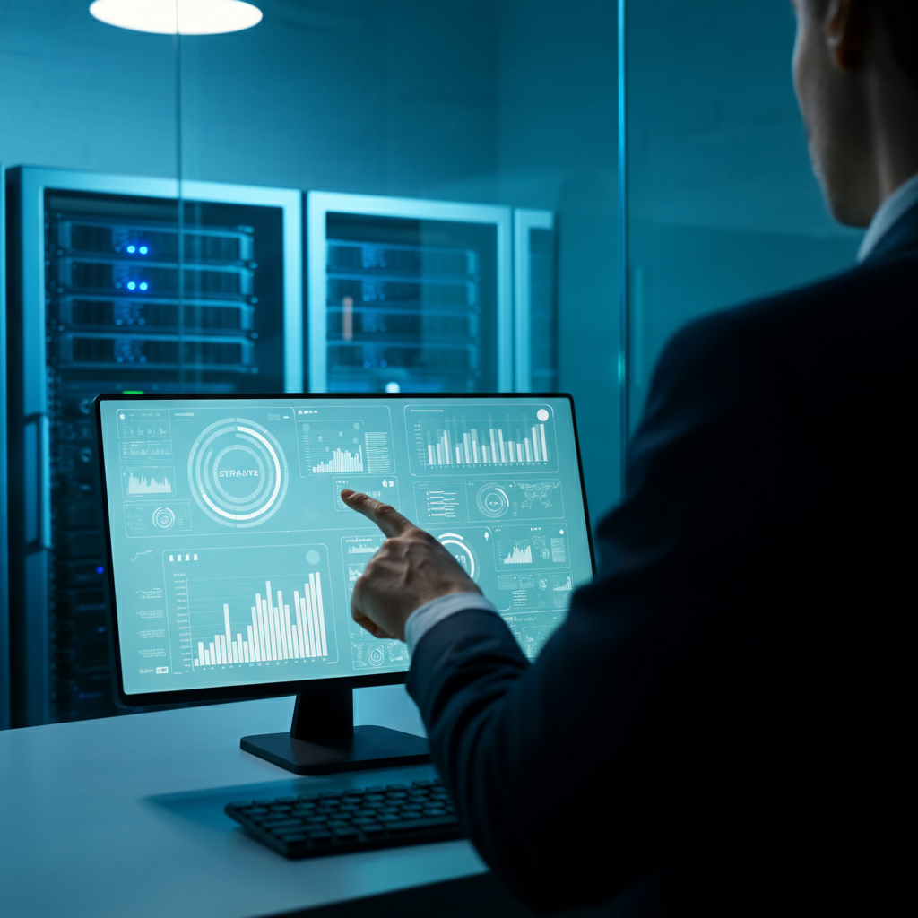 Hands of IT professionals managing enterprise cloud storage hardware and reviewing dashboard data in a British office.