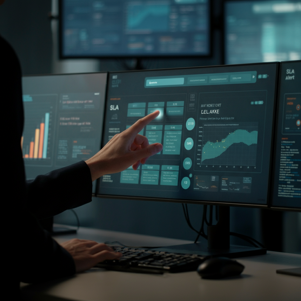 Hands interacting with a dashboard displaying intelligent alert notifications and SLA metrics, illustrating key concepts in Reducing MTTR with Intelligent Alerting.