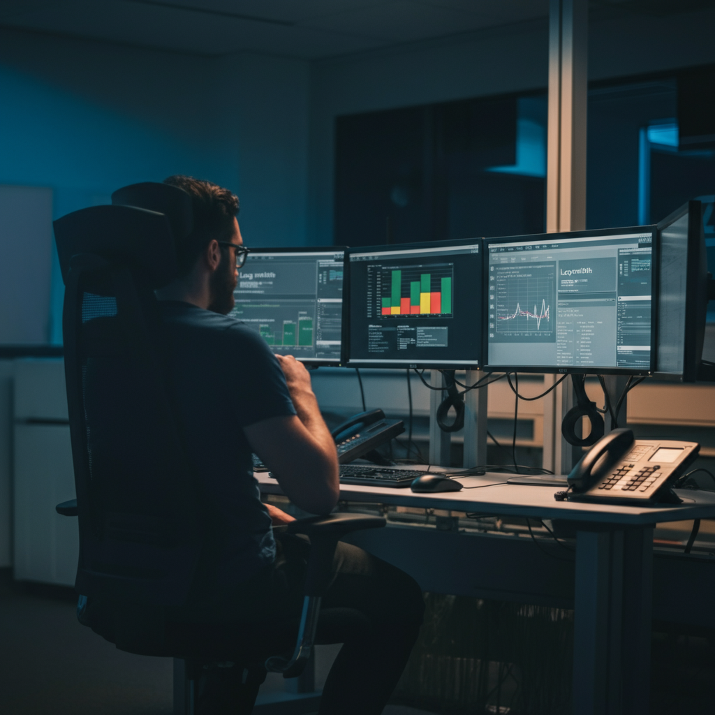 A Comparison of Log Monitoring Tools-interactive visualised with close-up monitors showing log dashboards and analytics in a UK IT workspace.