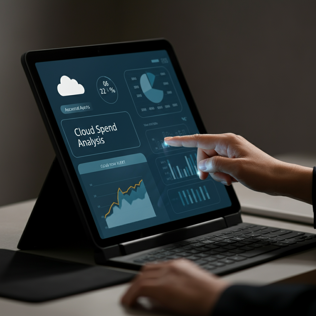 Team members collaborating over a digital cloud audit report on a large screen, focusing on strategies for reducing cloud waste and improving efficiency.