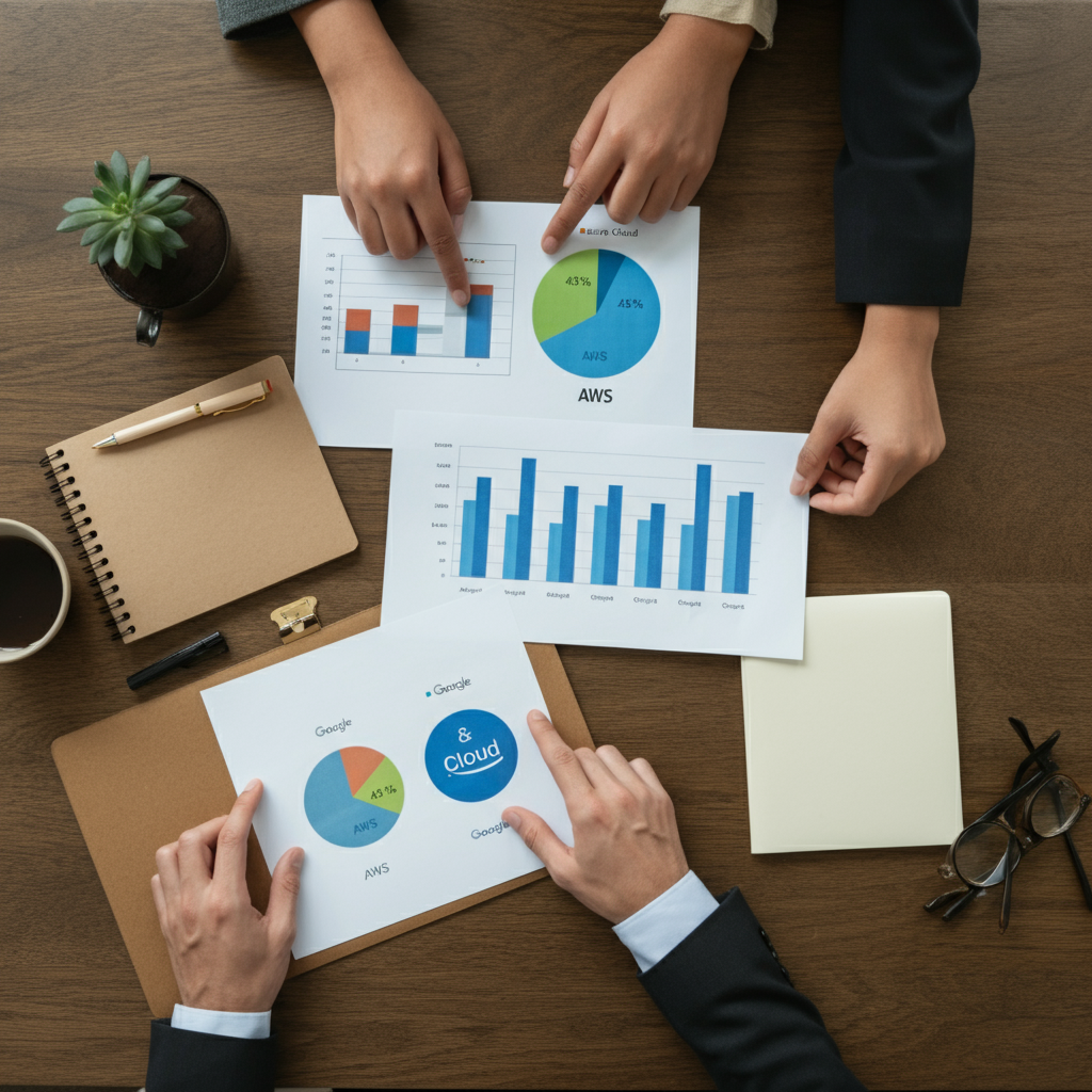 Collaborative review of printed charts comparing AWS, Azure, and Google Cloud costs on a meeting table, highlighting key differences for enterprise cloud selection.