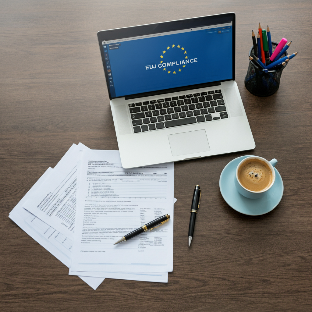 Overhead view of EU compliance documents, laptop, and coffee on a desk, representing the EU Authorised Representative process for non-EU brands.