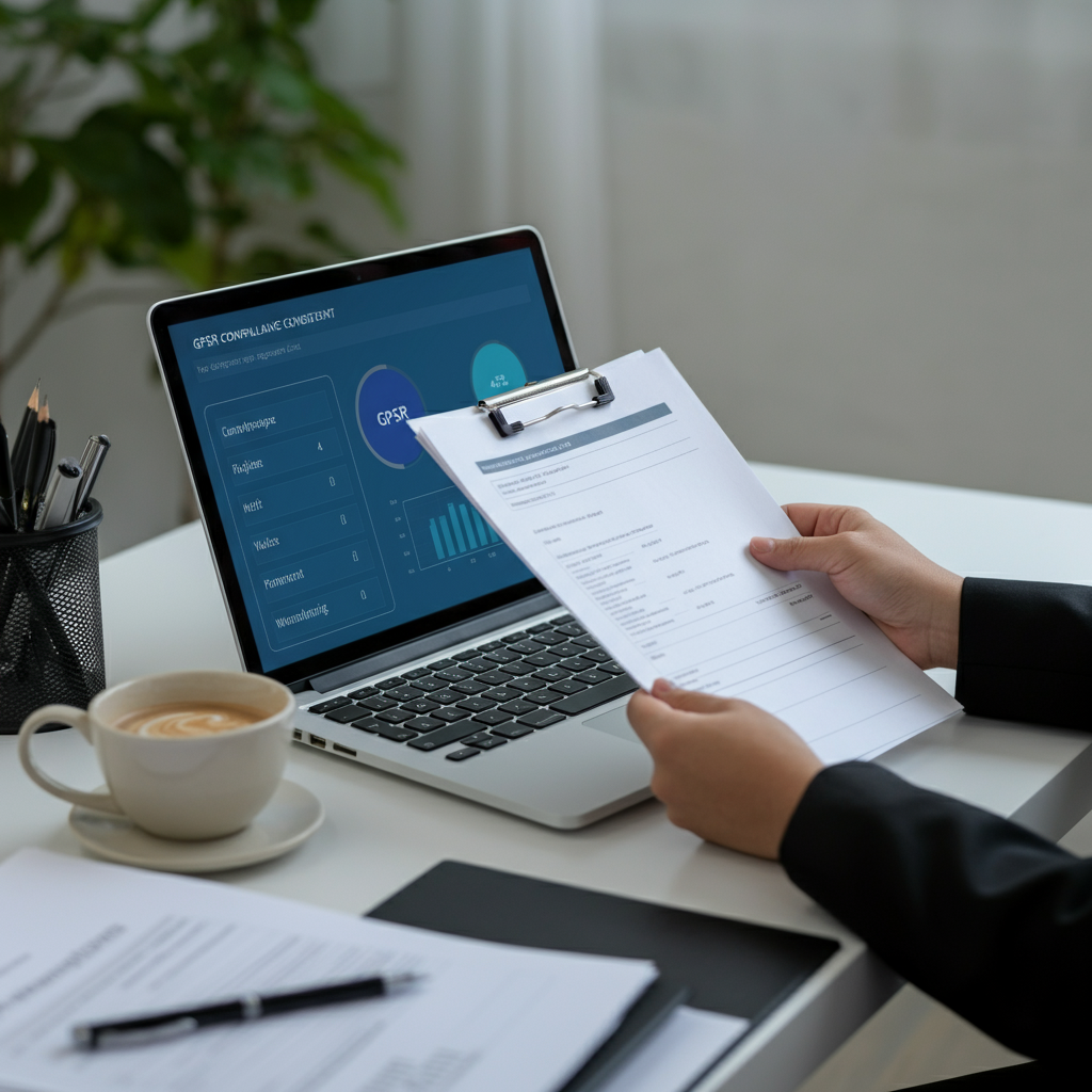 Hands of a consultant holding cost comparison sheets beside a laptop with GPSR compliance dashboard, illustrating cost breakdown for 2026.
