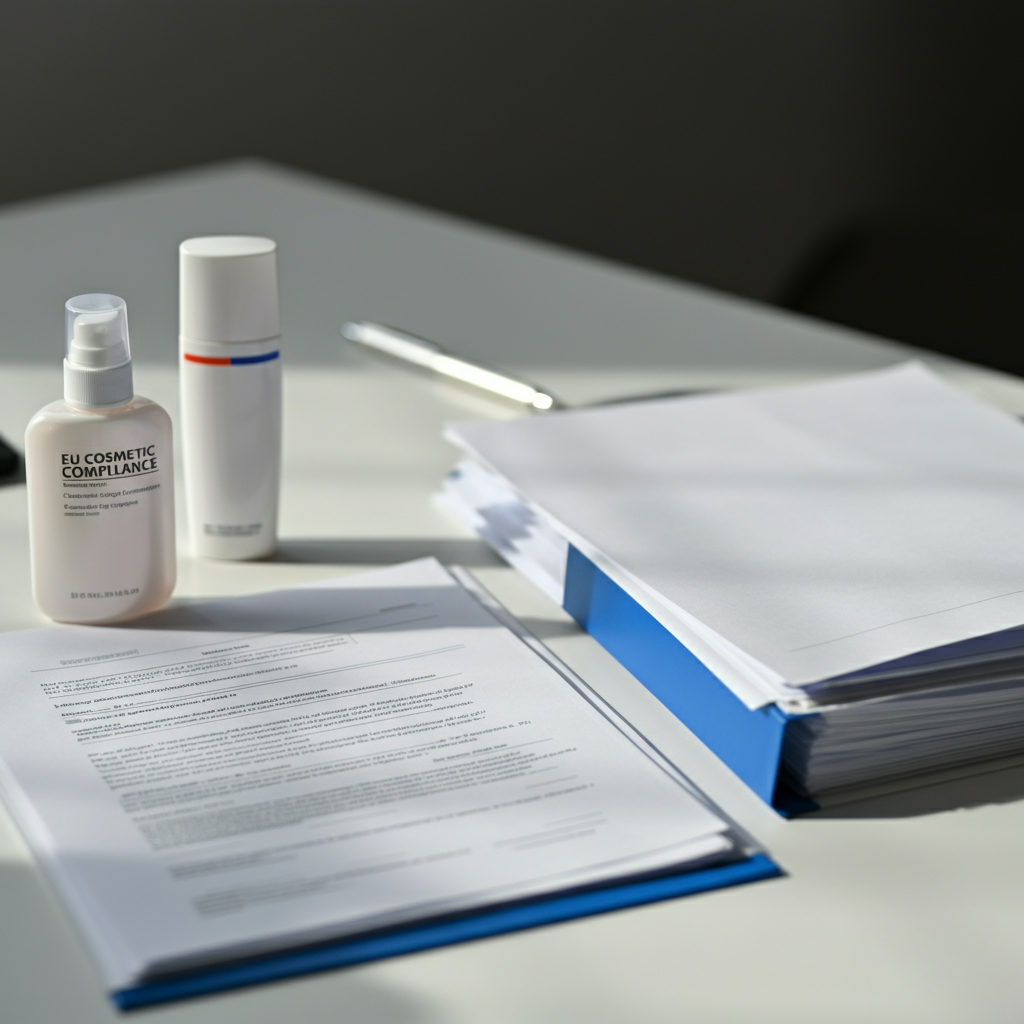 Hands reviewing compliance checklists and safety reports next to British cosmetic packaging, highlighting Eu Cosmetic Regulation requirements for Amazon sellers.