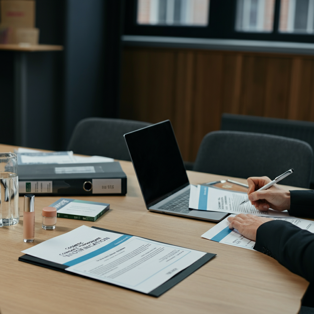 A hand reviewing Cosmetic Product Notification fee breakdowns on a meeting table with compliance folders and cosmetic samples in a UK office.