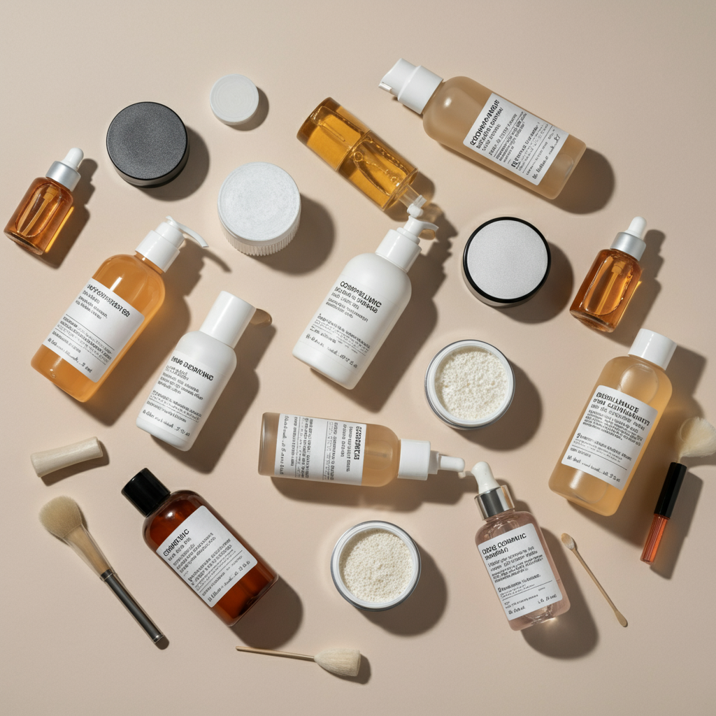 Close-up of cosmetic bottles and jars with clear EU-compliant labels, highlighting key Cosmetic Labeling Requirements for listing compliance.