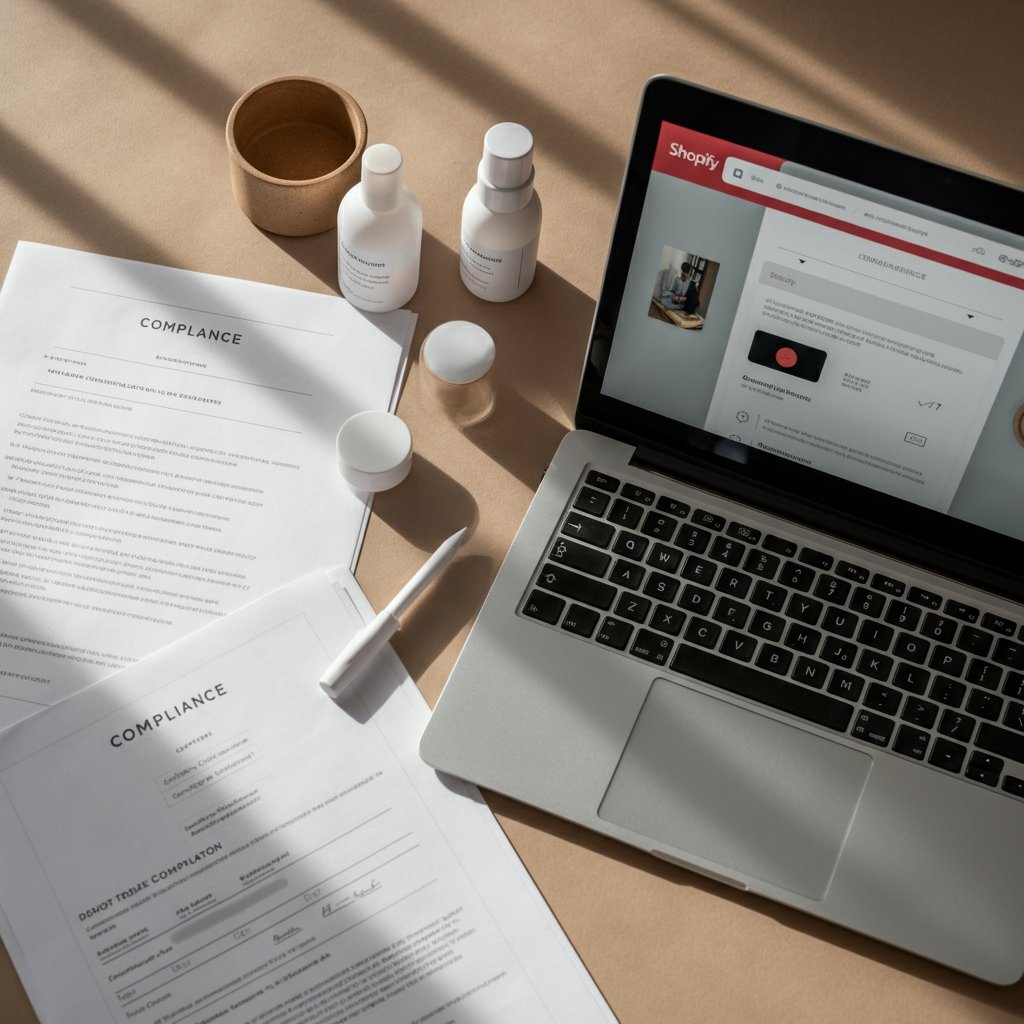 Top-down view of cosmetic packaging, compliance paperwork, and a laptop with Shopify admin, illustrating key compliance steps under Cosmetic regulation 1223 2009.