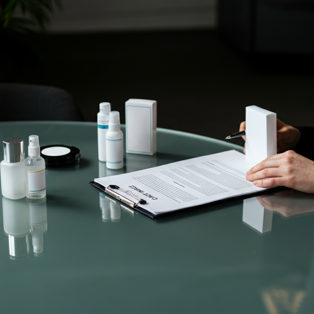 Hands of a compliance expert reviewing UK responsible person documents and Amazon FBA product packaging in a British office setting.
