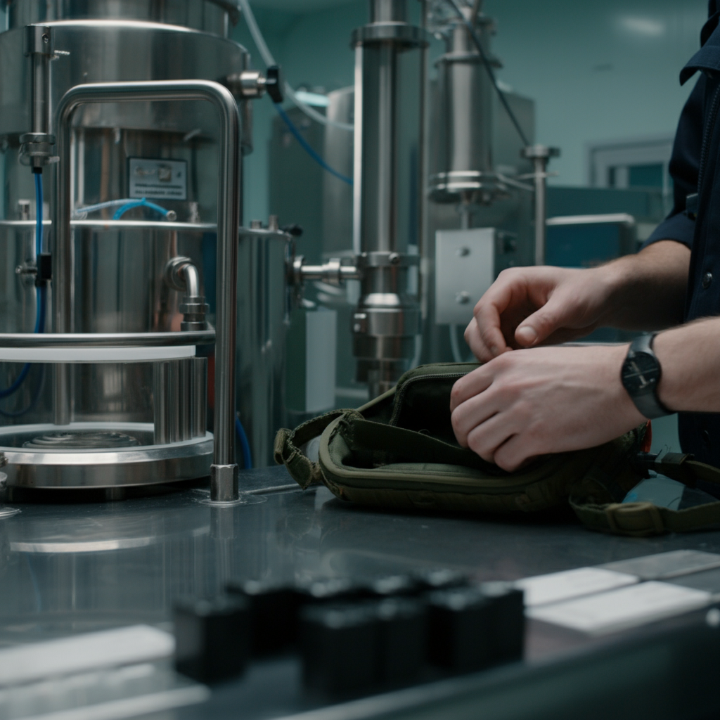 Hands inspecting labelled cosmetic containers in a British GMP-compliant facility, illustrating quality control and Cosmetic Good Manufacturing Practices for EU compliance in 2026.