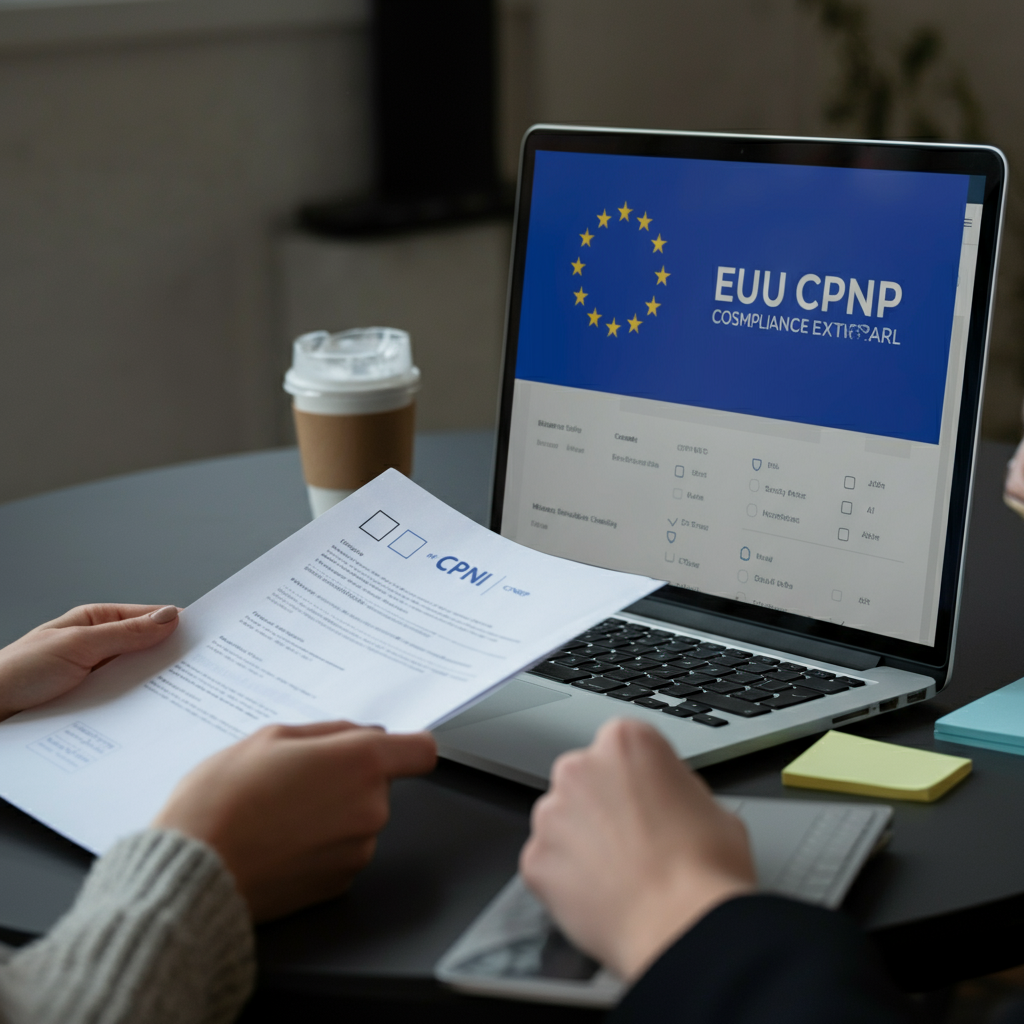 Hands of a beauty brand team examining Cpnp Registration documents and compliance checklists next to an EU portal dashboard on a laptop.