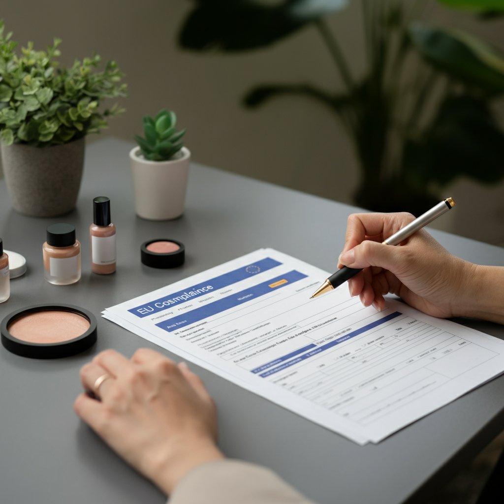 Hands organizing cosmetic compliance documents and products on a meeting table, with a tablet showing the CPNP portal, illustrating Cosmetic Notification for eBay sellers.
