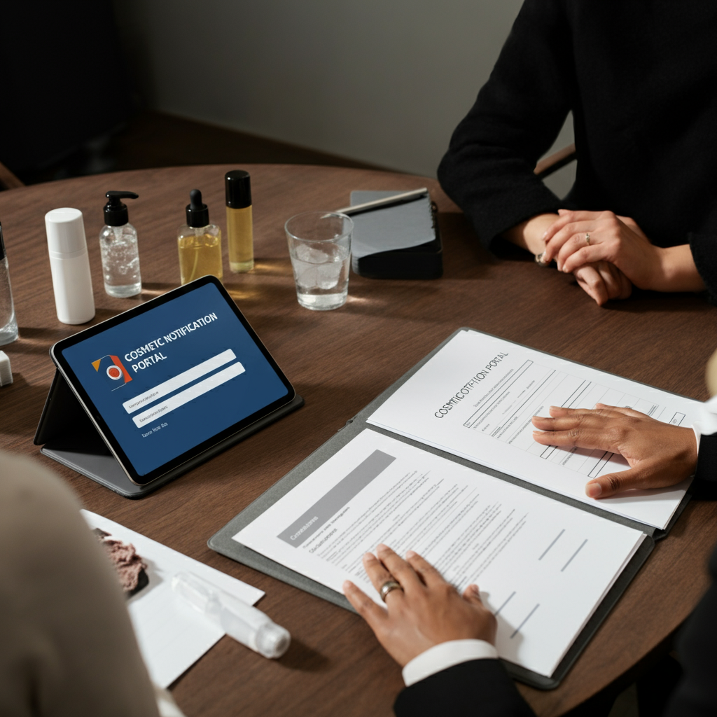 Folder with compliance documents and cosmetic products on a meeting table, tablet showing Cosmetic Notification Portal login, illustrating deadline risks.