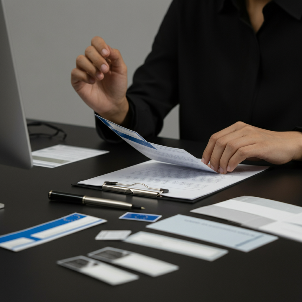 Hands organizing cosmetic packaging and EC 1223 2009 regulation documents on a meeting table, highlighting compliance risks for small brands.