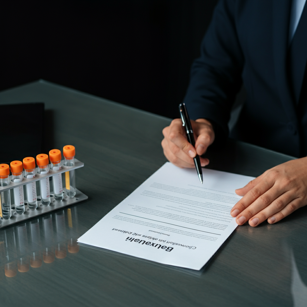 Hands organize Cosmetic Assessment documents and test tubes with cosmetic samples on a polished office table, showing Amazon FBA compliance in action.