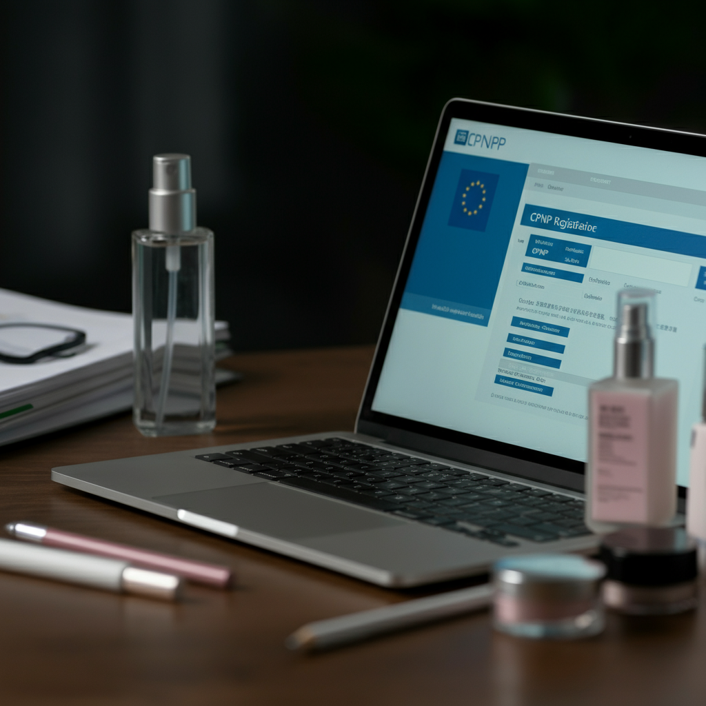 Cpnp Registration process for Chinese cosmetic sellers, with compliance folders, laptop displaying the registration portal, and cosmetic products in a modern office.
