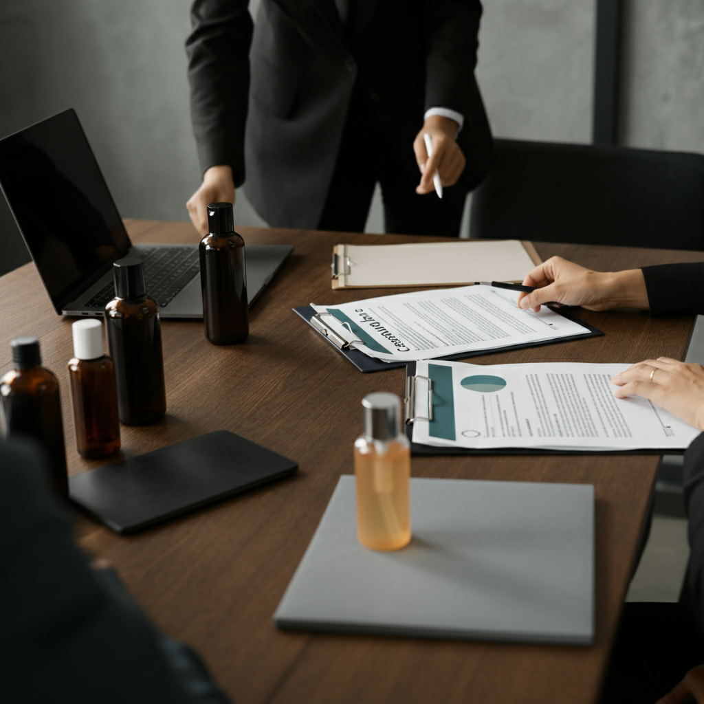 Hands collaborating over Cosmetic Assessment files and unbranded cosmetic products, highlighting compliance teamwork for Amazon EU regulations.