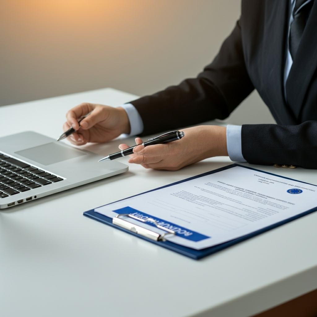 Hands reviewing EU authorised representative agreements and product compliance certificates, illustrating key steps in appointing an Authorised Representative EU.