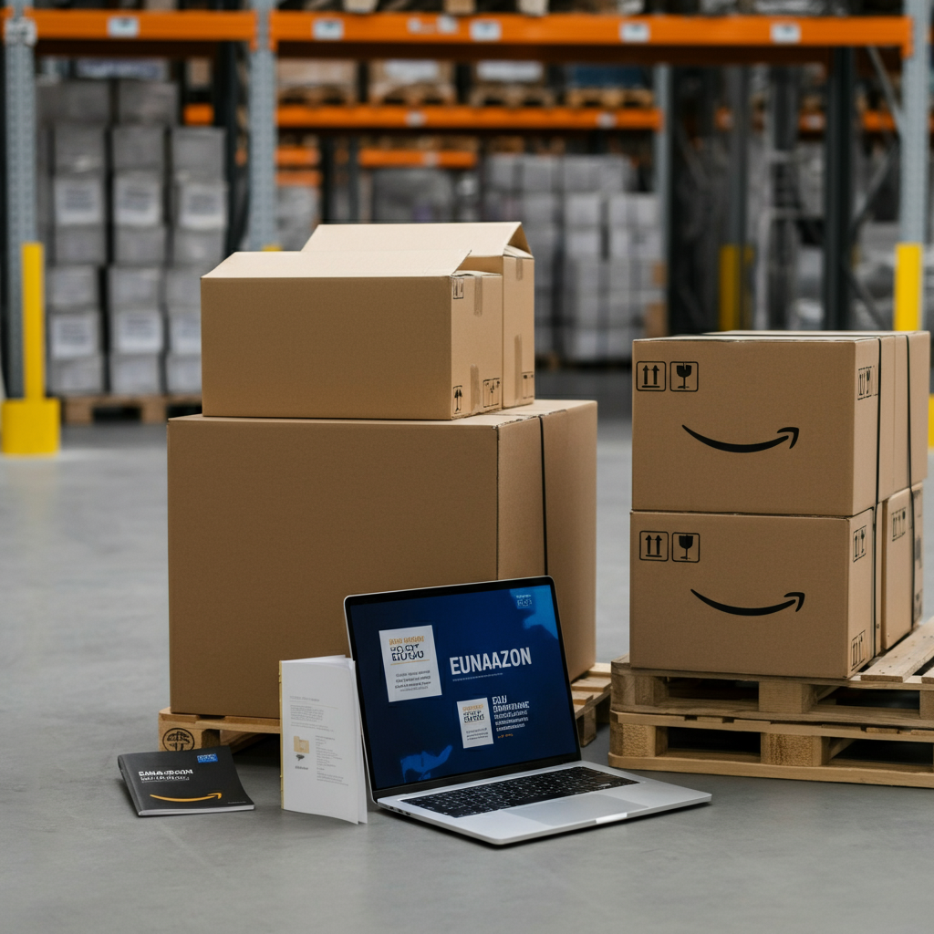 Warehouse scene with Amazon parcels, compliance manuals, and a laptop showing Seller Central, illustrating Amazon EU Compliance for 2026.