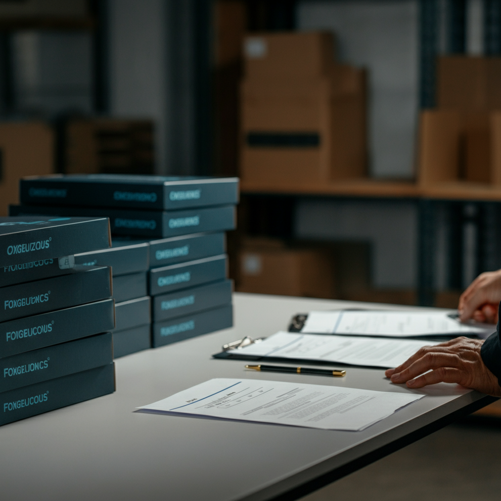Logistics area with hands sorting German WEEE compliance paperwork and electronic product boxes, showing the WEEE Registration Germany process.