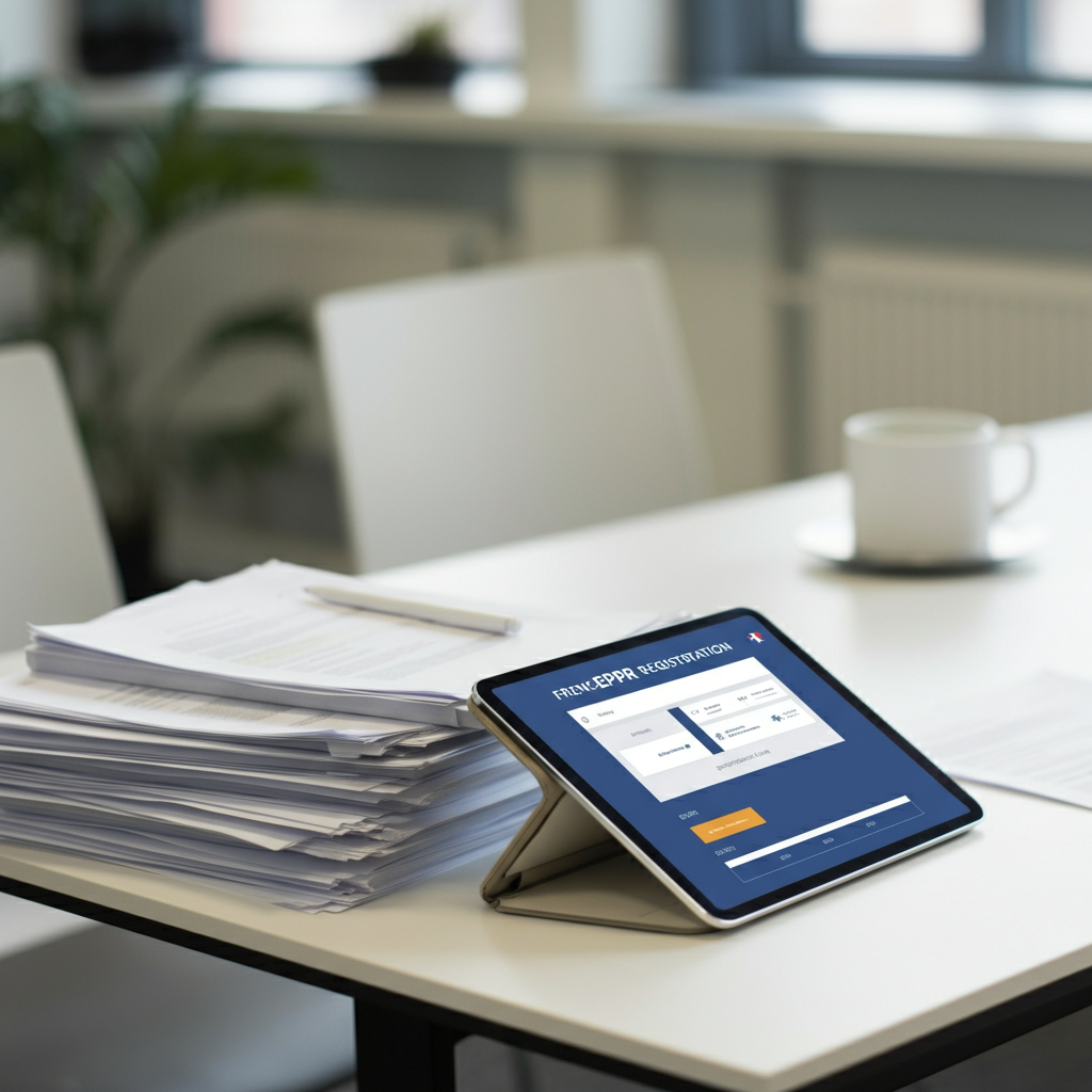 Key steps for France EPR Compliance shown with French regulatory paperwork and an online registration portal in a modern UK office setting.