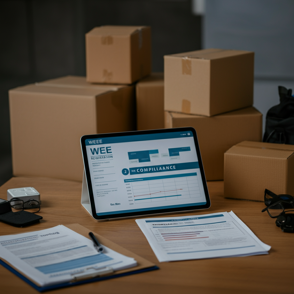Workspace with Spanish WEEE registration paperwork, tablet showing compliance data, and shipping boxes, illustrating Spain WEEE Registration steps.