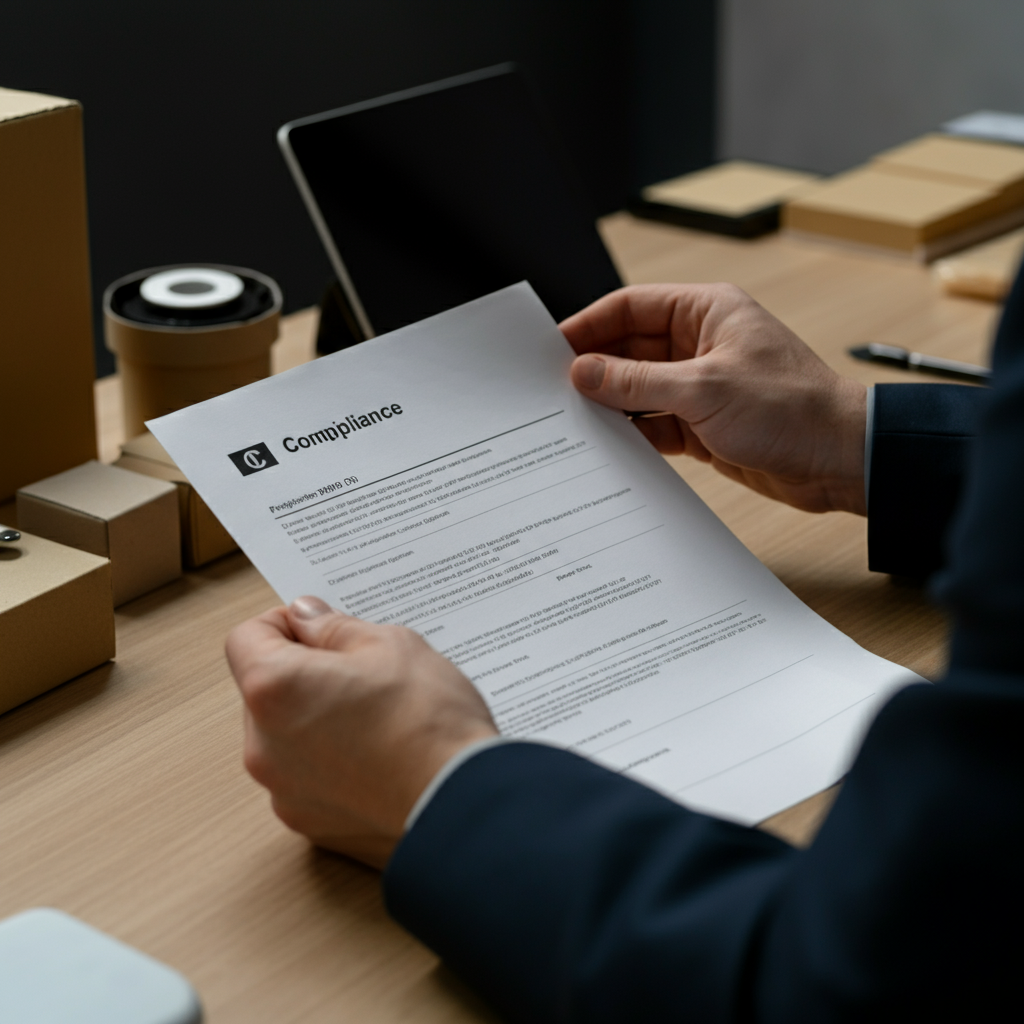 Hände bereiten Verpackungsmaterialien und Elektronik für die Konformität mit dem niederländischen Markt vor, wobei die Einhaltung der niederländischen ElektroG- und VerpackG-Vorschriften für Amazon-Verkäufer hervorgehoben wird.