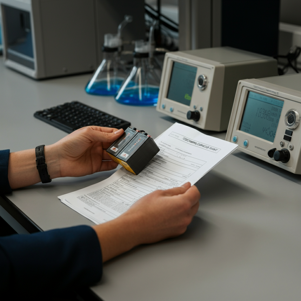 Hände, die Batteriemuster und Compliance-Unterlagen in einem britischen Labor prüfen, veranschaulichen die Prozesse und die Dokumentation der Batterie-EPR-Registrierung.