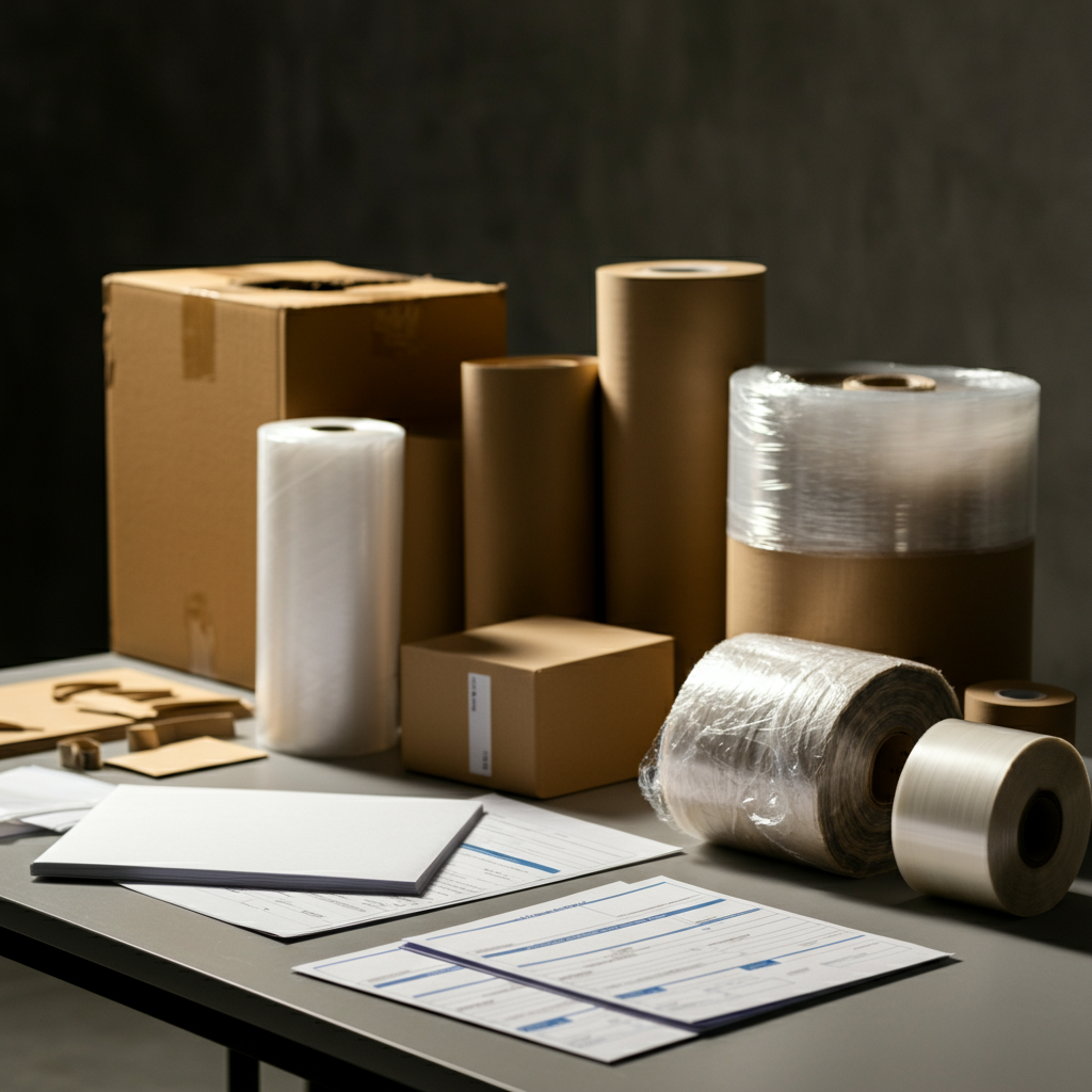 Hände sortieren Verpackungsmaterialien und Compliance-Formulare, um die Verpackungs-EPR-Registrierung und die Berechnung der Öko-Gebühren in der EU zu veranschaulichen.