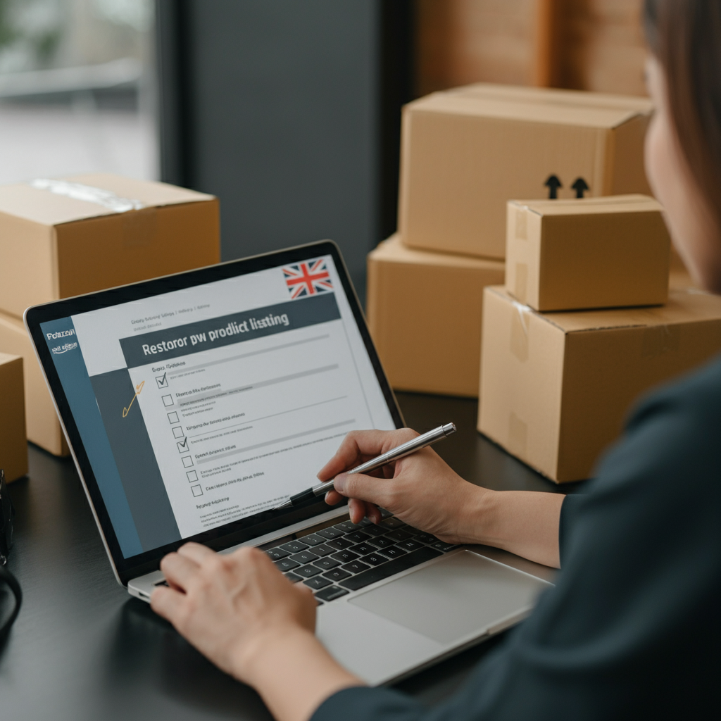 Amazon ElektroG Sperrung: Hände überprüfen Compliance-Checkliste und Amazon-Richtliniendokumente neben Versandkartons, den Wiederherstellungsprozess zeigend.