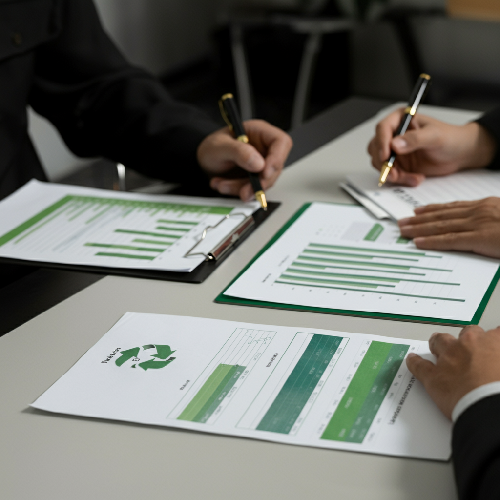 Diskussion zur EPR-Compliance: Hände prüfen Recyclingdaten und grüne, umweltfreundliche Symbole auf Dokumenten, wobei die Frage im Mittelpunkt steht: Was ist erweiterte Herstellerverantwortung (EPR)?