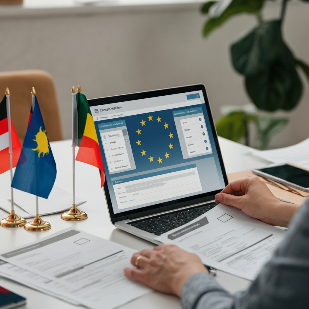 Arbeitsbereich mit EPR-Compliance-Dashboard, europäischen Flaggen und Händen, die Versandetiketten und Unterlagen für Amazon Pan-EU FBA organisieren: EPR-Anforderungen nach Ländern.