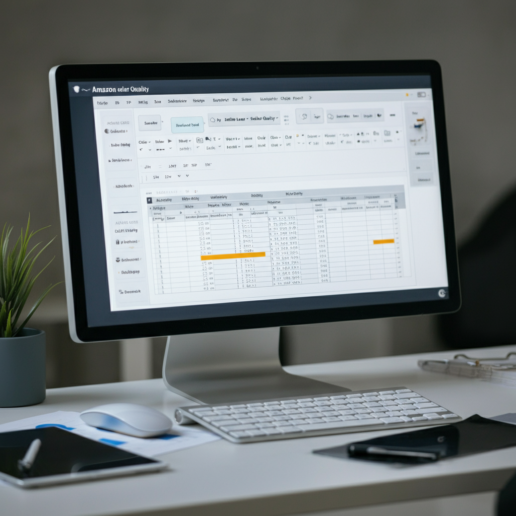 Desktop monitor displaying Excel spreadsheet with Amazon seller lead quality data, surrounded by analytical reports and a tablet in a British office workspace.