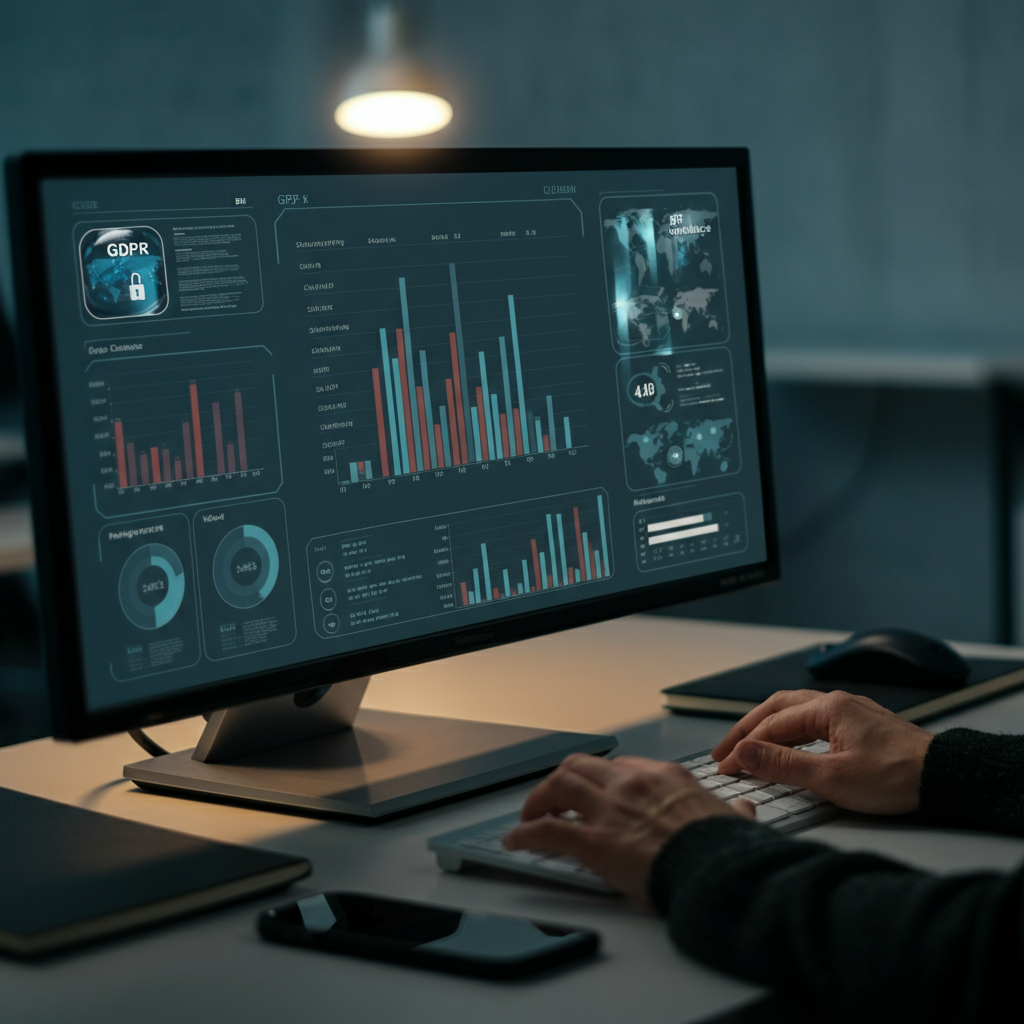 Hands-on use of BI dashboards and GDPR compliance stats in an agency office, illustrating Bi Intelligence Tools verification for EU compliance.