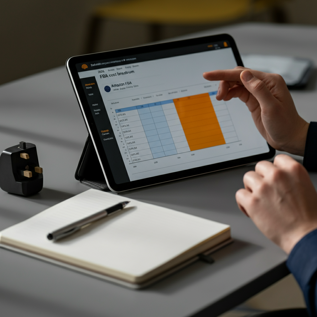 Hands using a tablet on a British office desk, showing Fba Calculator cost breakdown tables for Amazon sellers in 2026.